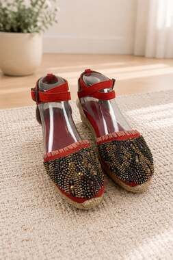 BOC Red Suede Beaded Espadrille Wedge Sandals Ankle Strap Boho Women’s Size 8